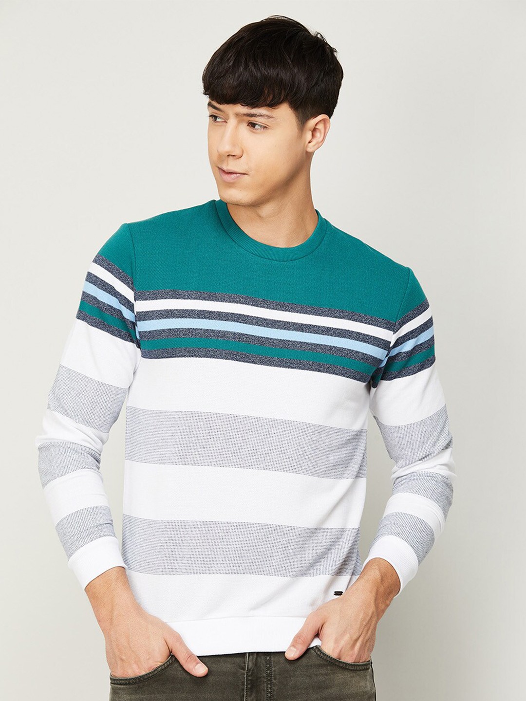 

CODE by Lifestyle Men Blue Striped Pure Cotton Sweatshirt