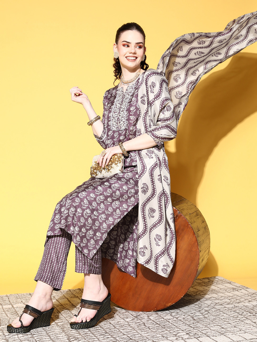 

Ishin Purple & Beige Printed Kurta with Trousers & Dupatta