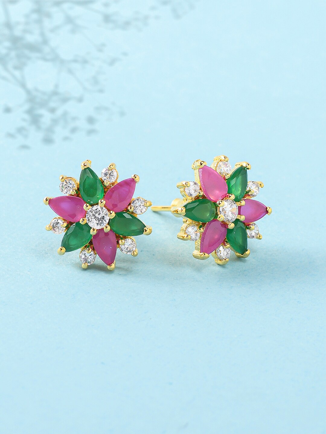 

Voylla Pink & Green Gold-Plated Contemporary Studs Earrings