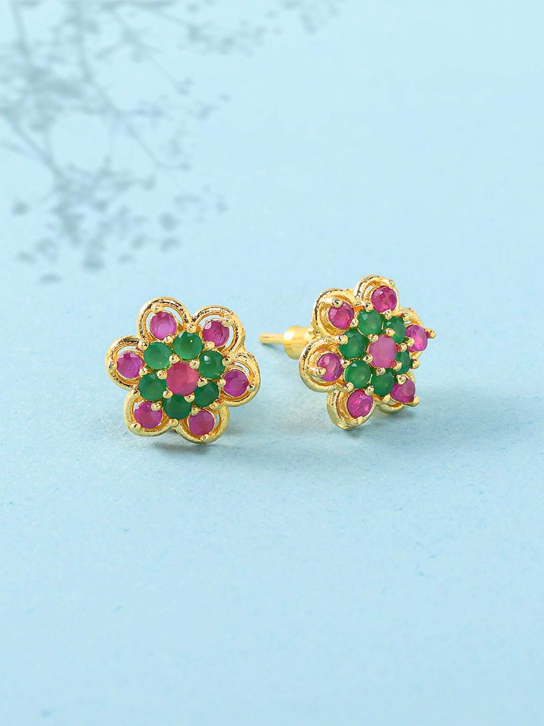 

Voylla Pink & Green Gold-Plated Contemporary Studs Earrings