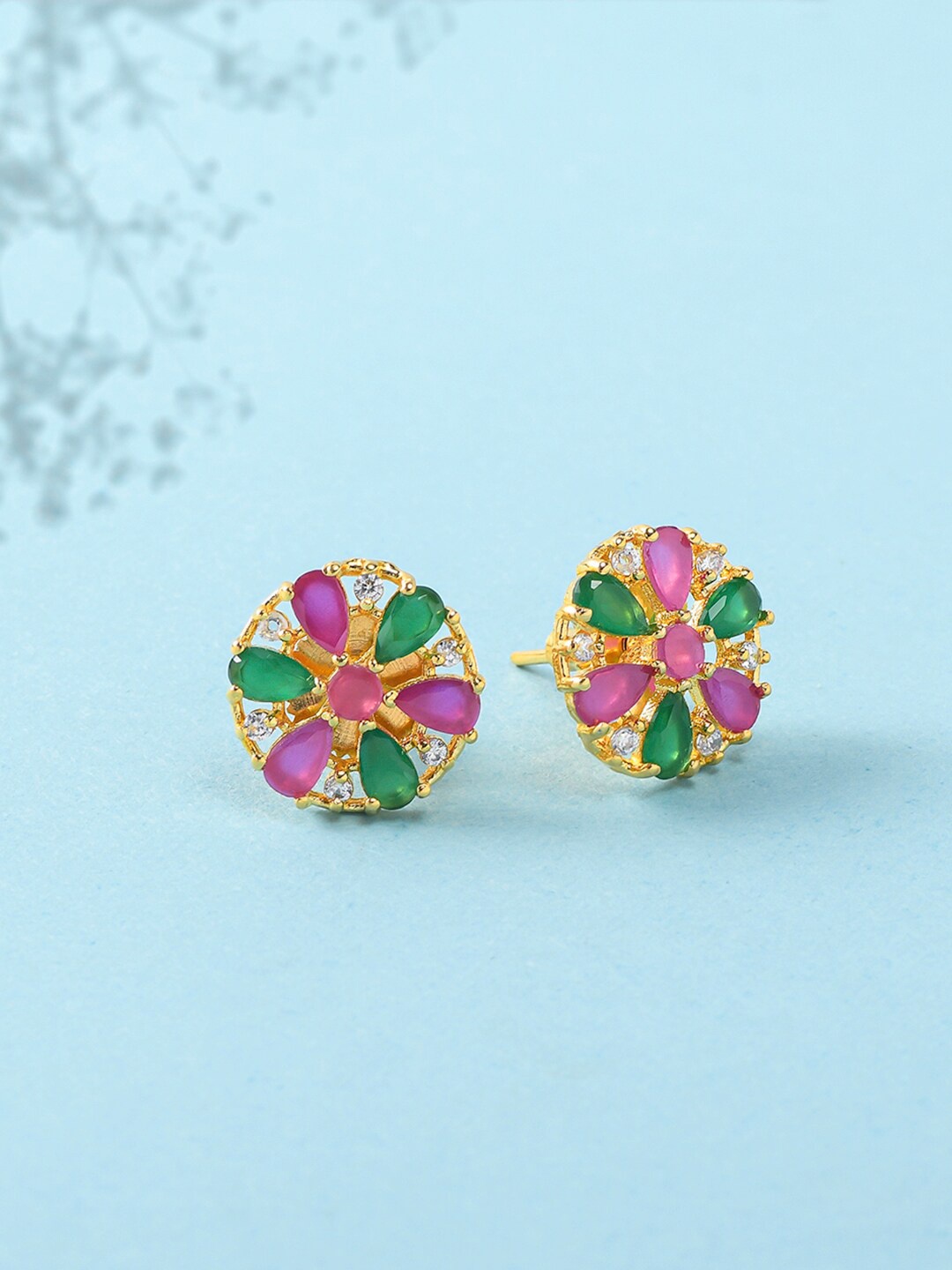 

Voylla Pink & Green Gold-Plated Contemporary Studs Earrings