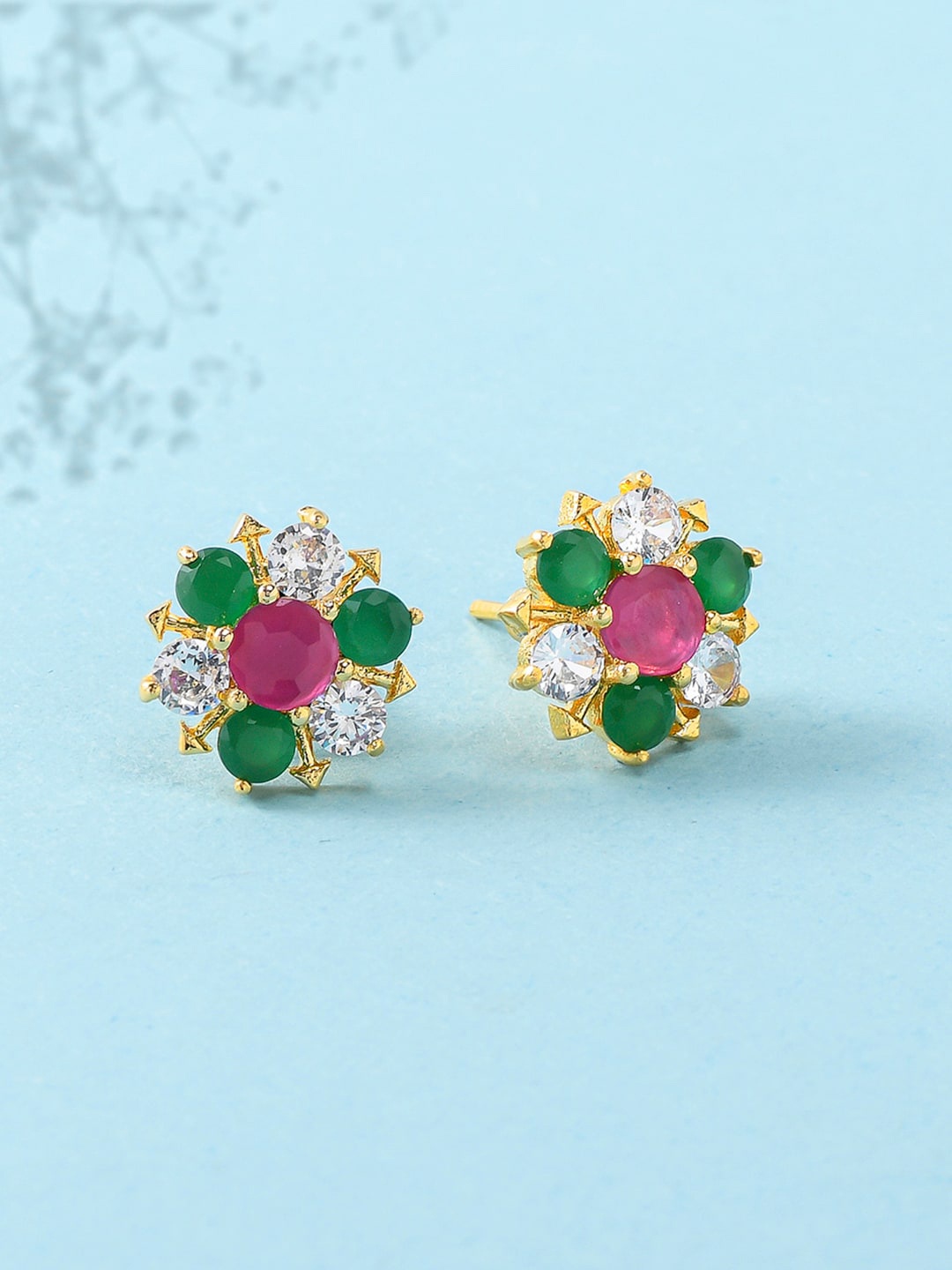 

Voylla Pink & Green Gold-Plated Contemporary Studs Earrings