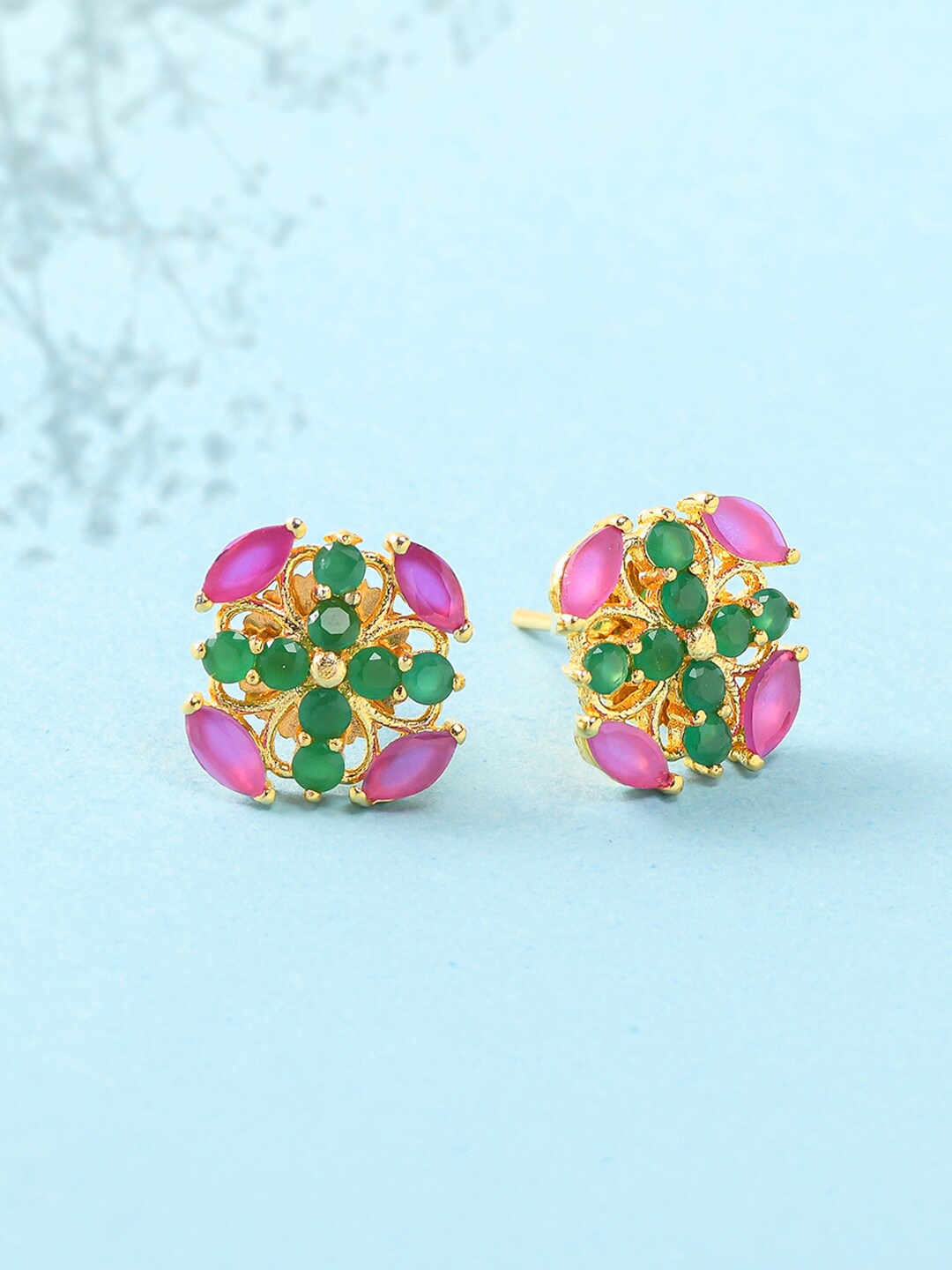 

Voylla Women Gold-Plated Pink & Green Contemporary Studs Earrings