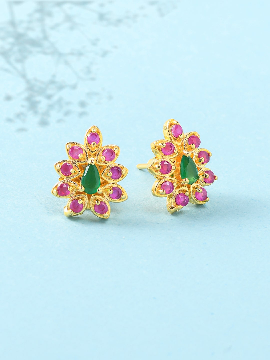 

Voylla Women Gold Plated Pink & Green Contemporary Studs Earrings