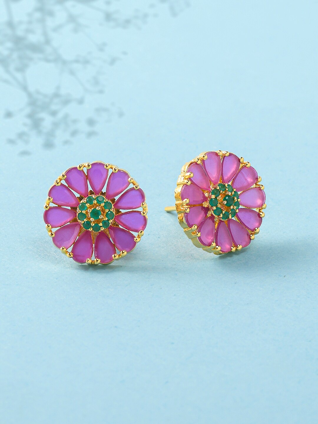 

Voylla Women Gold Plated Pink & Green Floral Studs Earrings