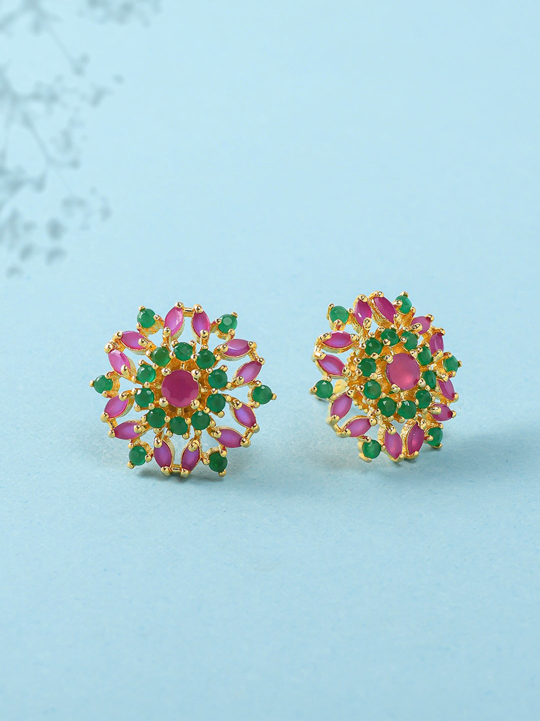 

Voylla Women Gold Plated Pink & Green Floral Studs Earrings