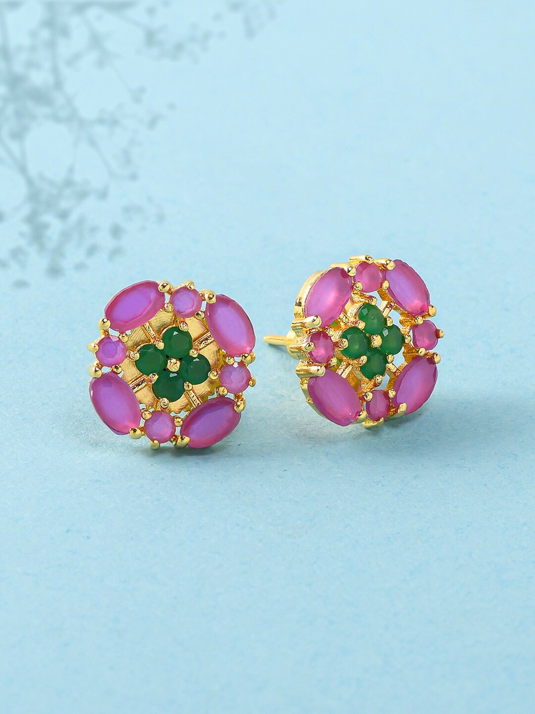 

Voylla Women Gold Plated Pink & Green Contemporary Studs Earrings