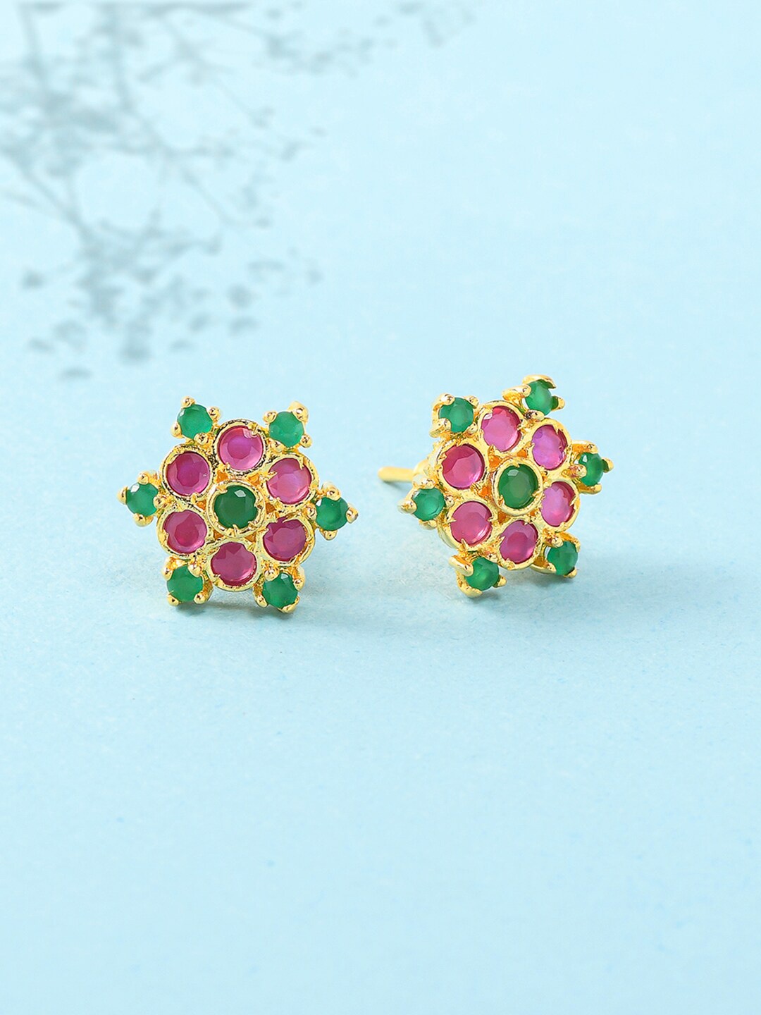 

Voylla Women Gold Plated Pink & Green Contemporary Studs Earrings