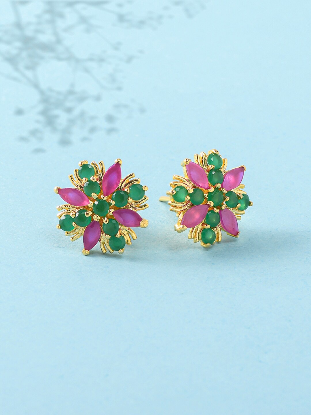 

Voylla Women Gold Plated Pink & Green Floral Studs Earrings