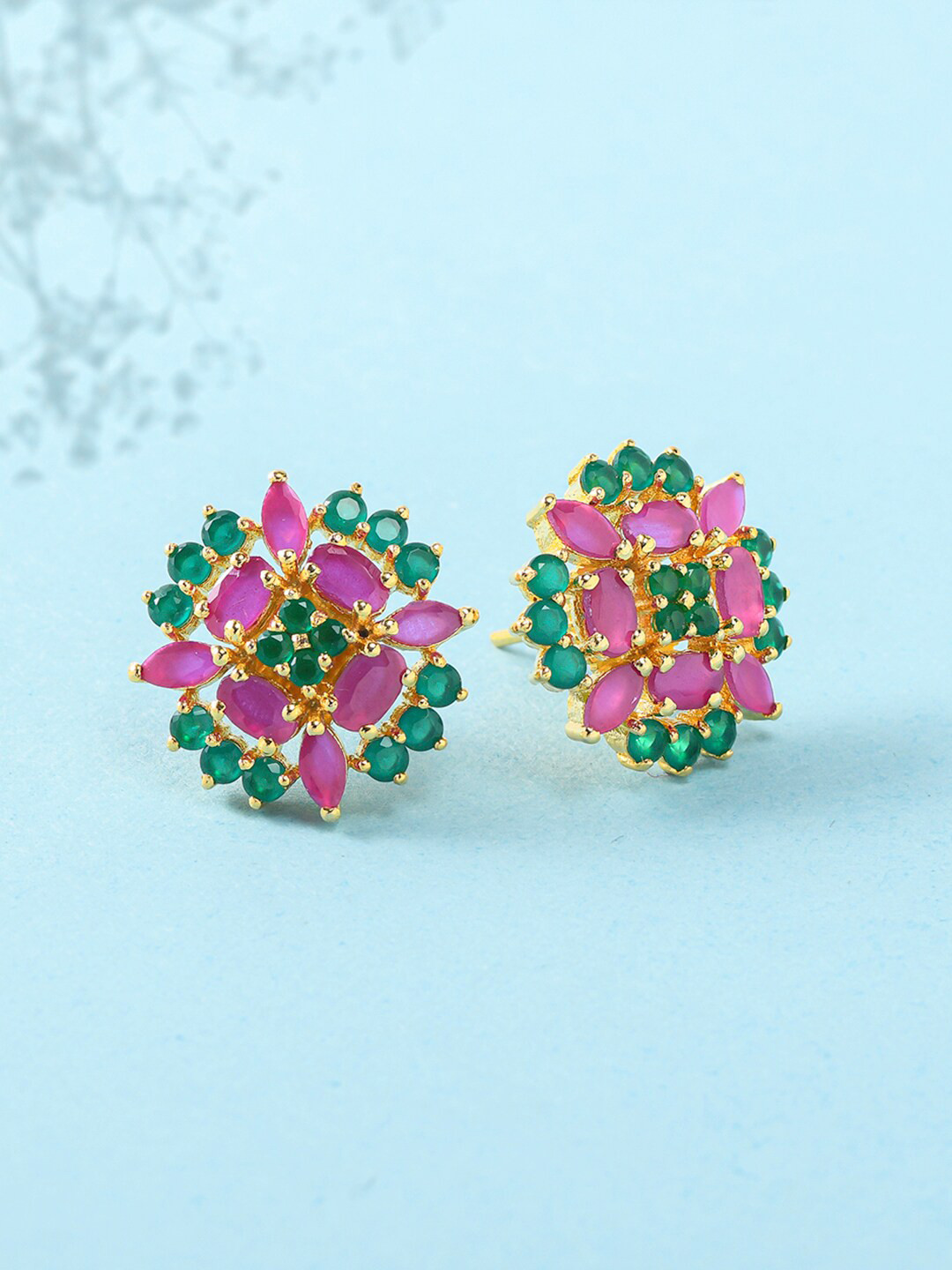 

Voylla Women Gold Plated Pink & Green Contemporary Studs Earrings