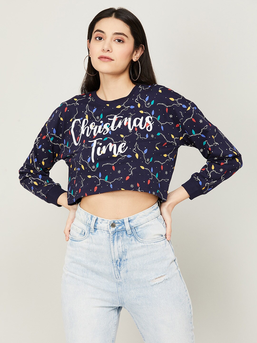 

Ginger by Lifestyle Graphic Printed Pure Cotton Crop Sweatshirt, Blue
