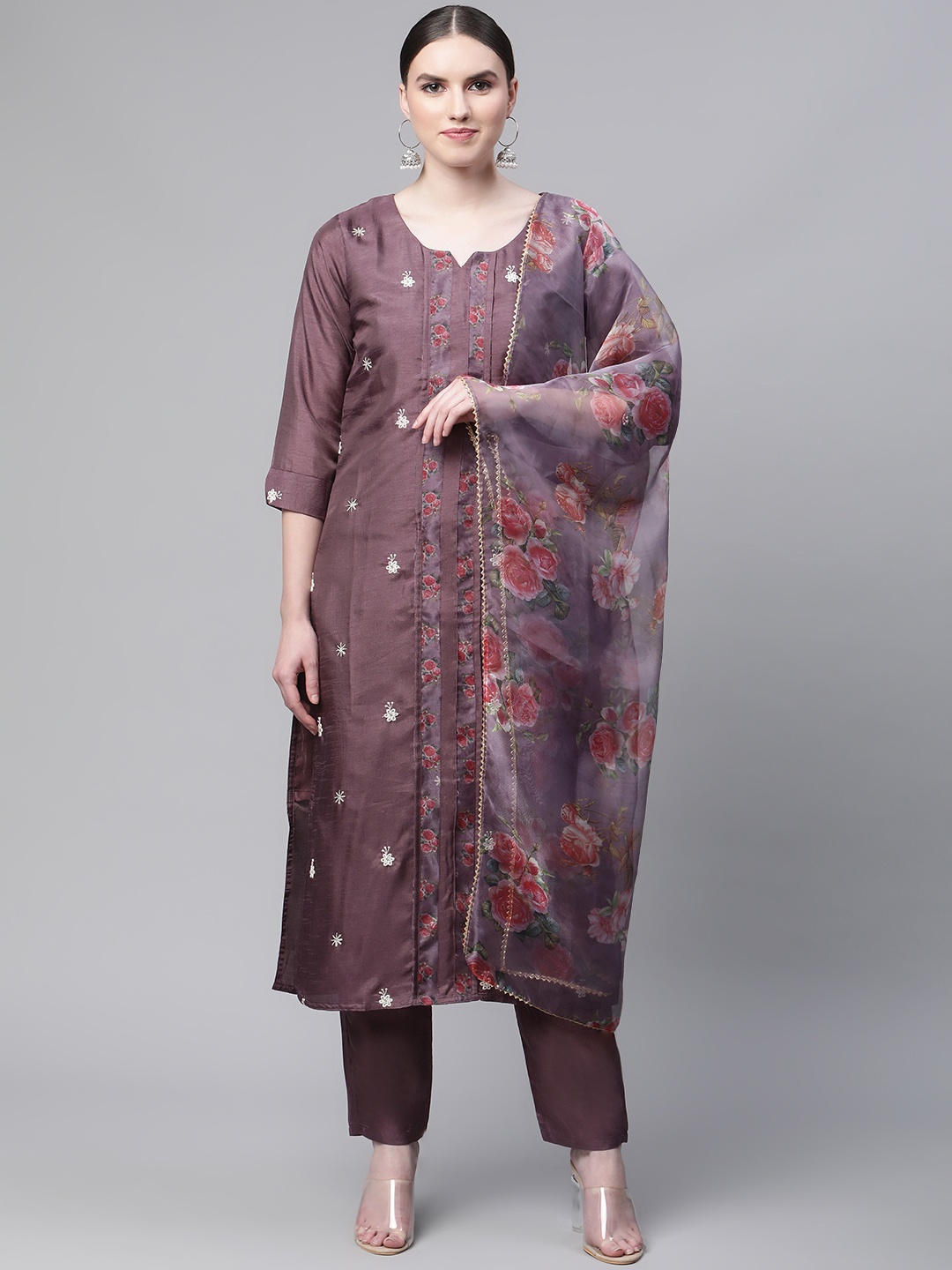 

SERONA FABRICS Women Purple Floral Embroidered Silk Chiffon Kurta with Trousers & Dupatta