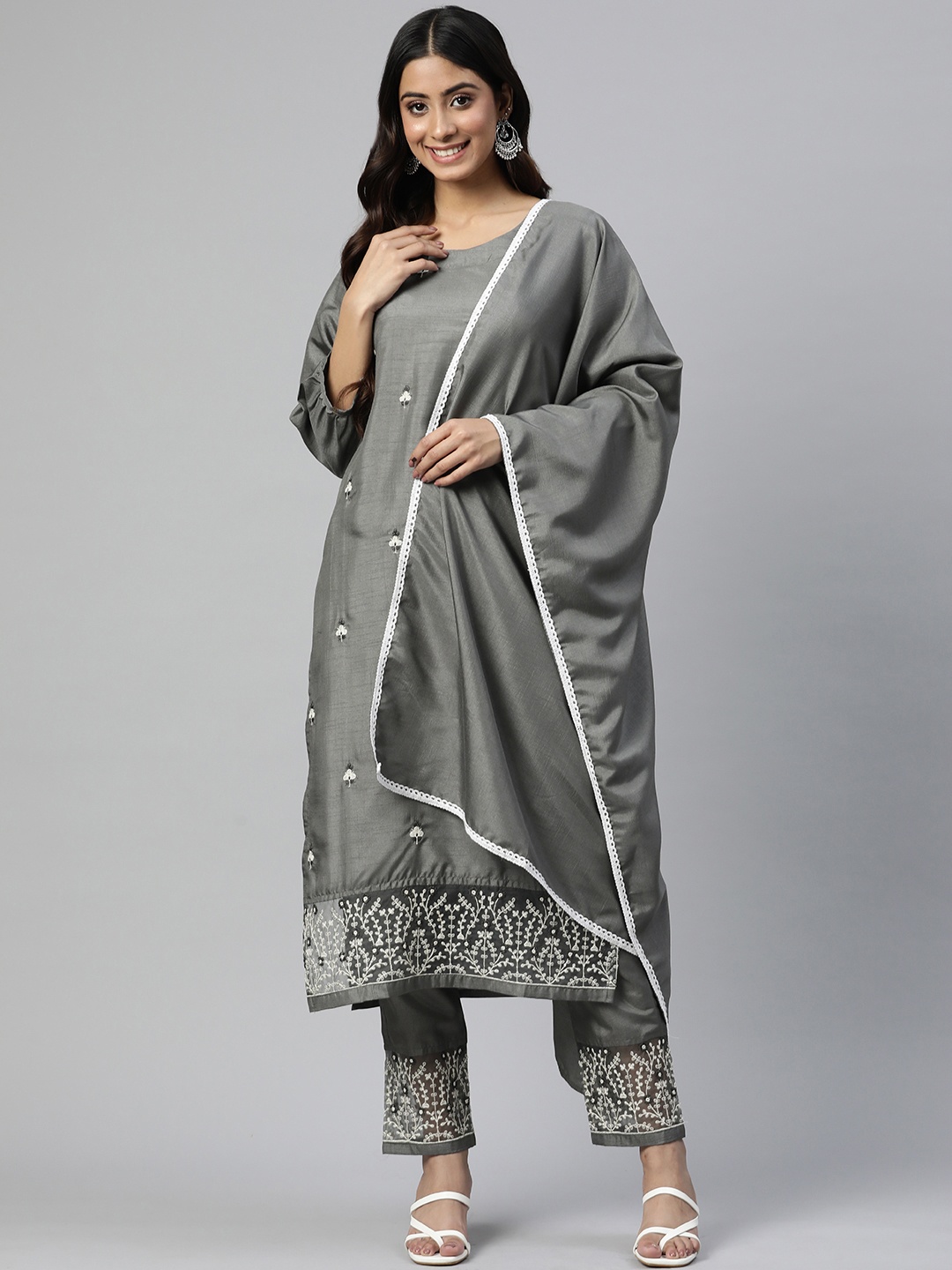 

SERONA FABRICS Embroidered Silk Chiffon Kurta With Trousers & Dupatta, Grey