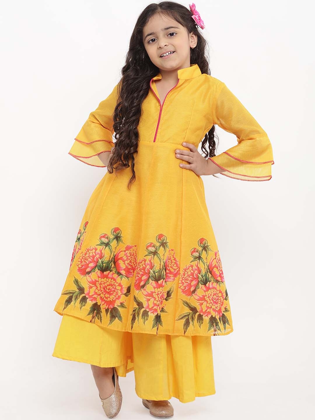 

Bitiya by Bhama Girls Yellow Floral Printed Kurta with Palazzos