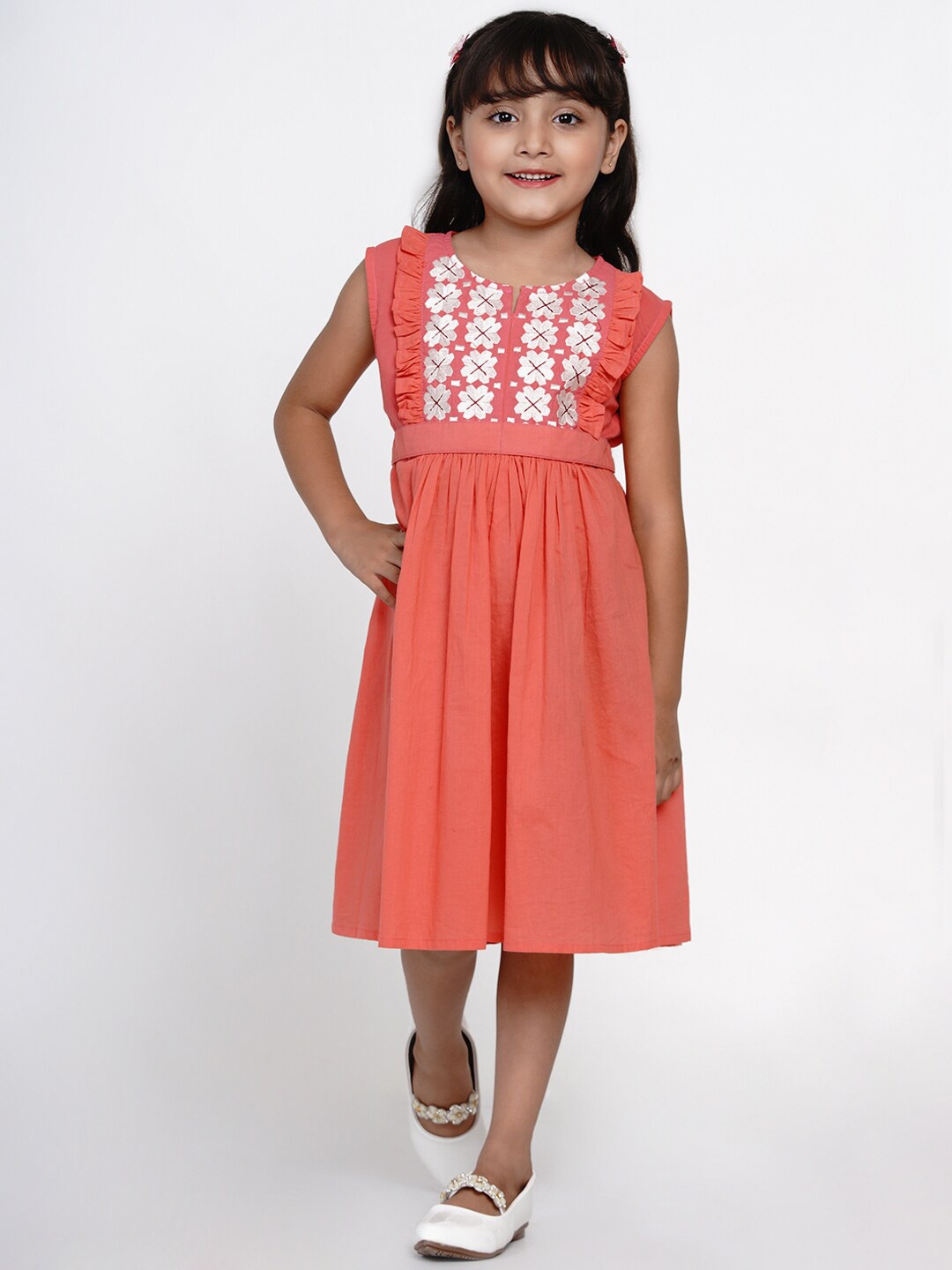 

Bitiya by Bhama Girls Peach & White Cotton Floral Midi Dress