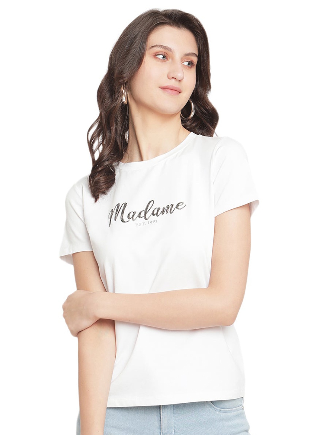 

Madame Women White Typography Printed T-shirt