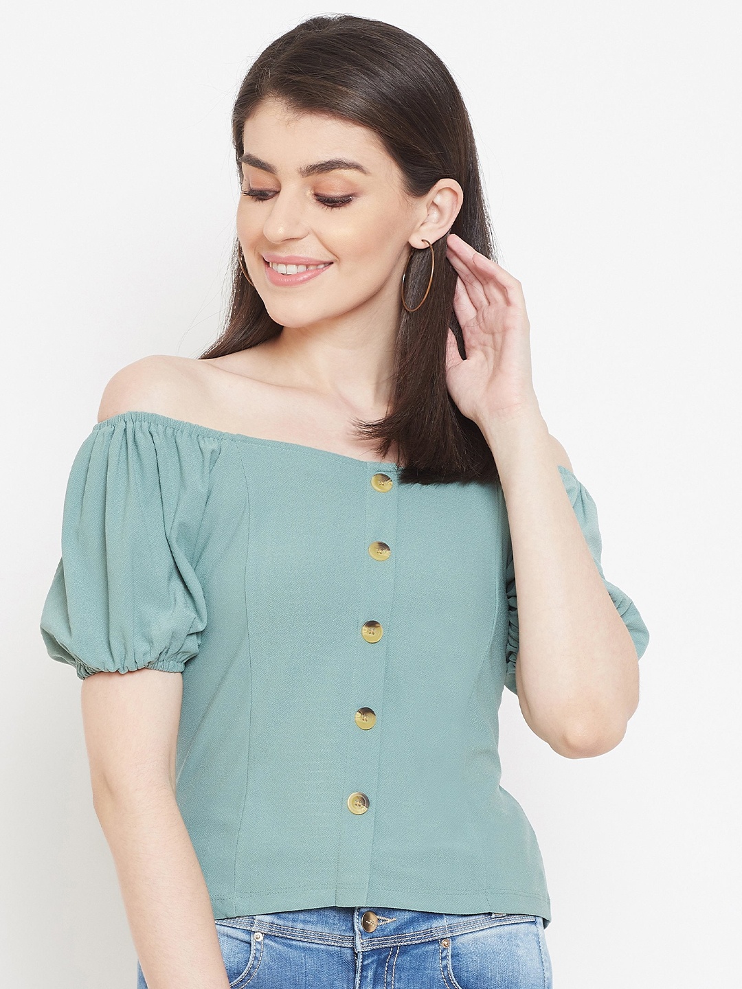 

Madame Green Off-Shoulder Bardot Crop Top