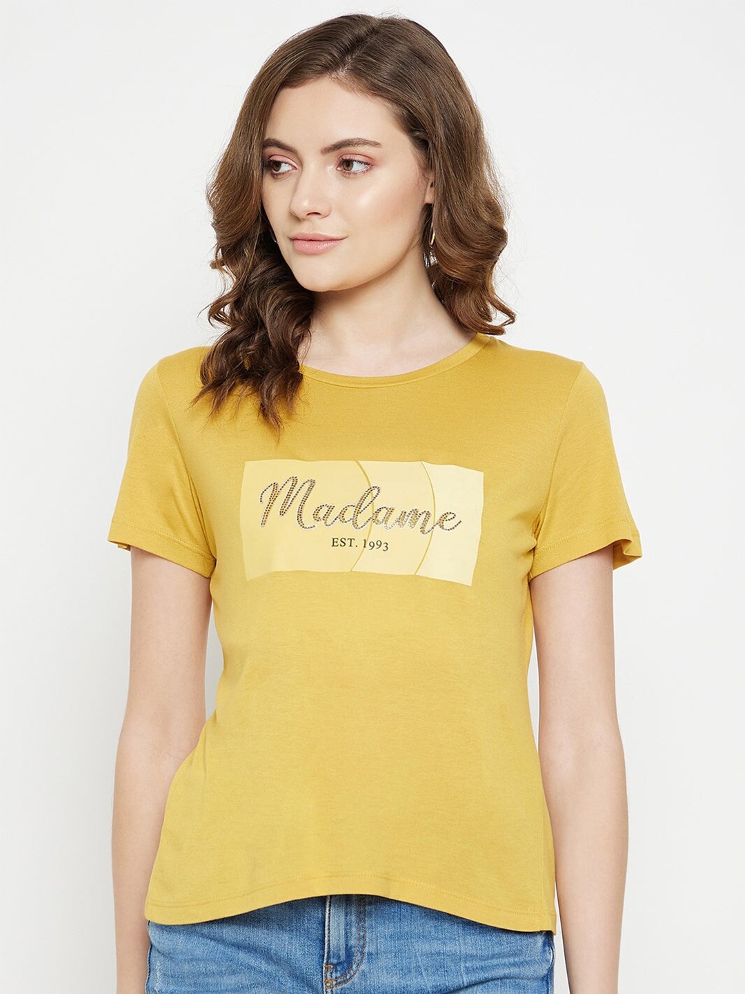 

Madame Women Mustard Yellow Typography Printed T-shirt