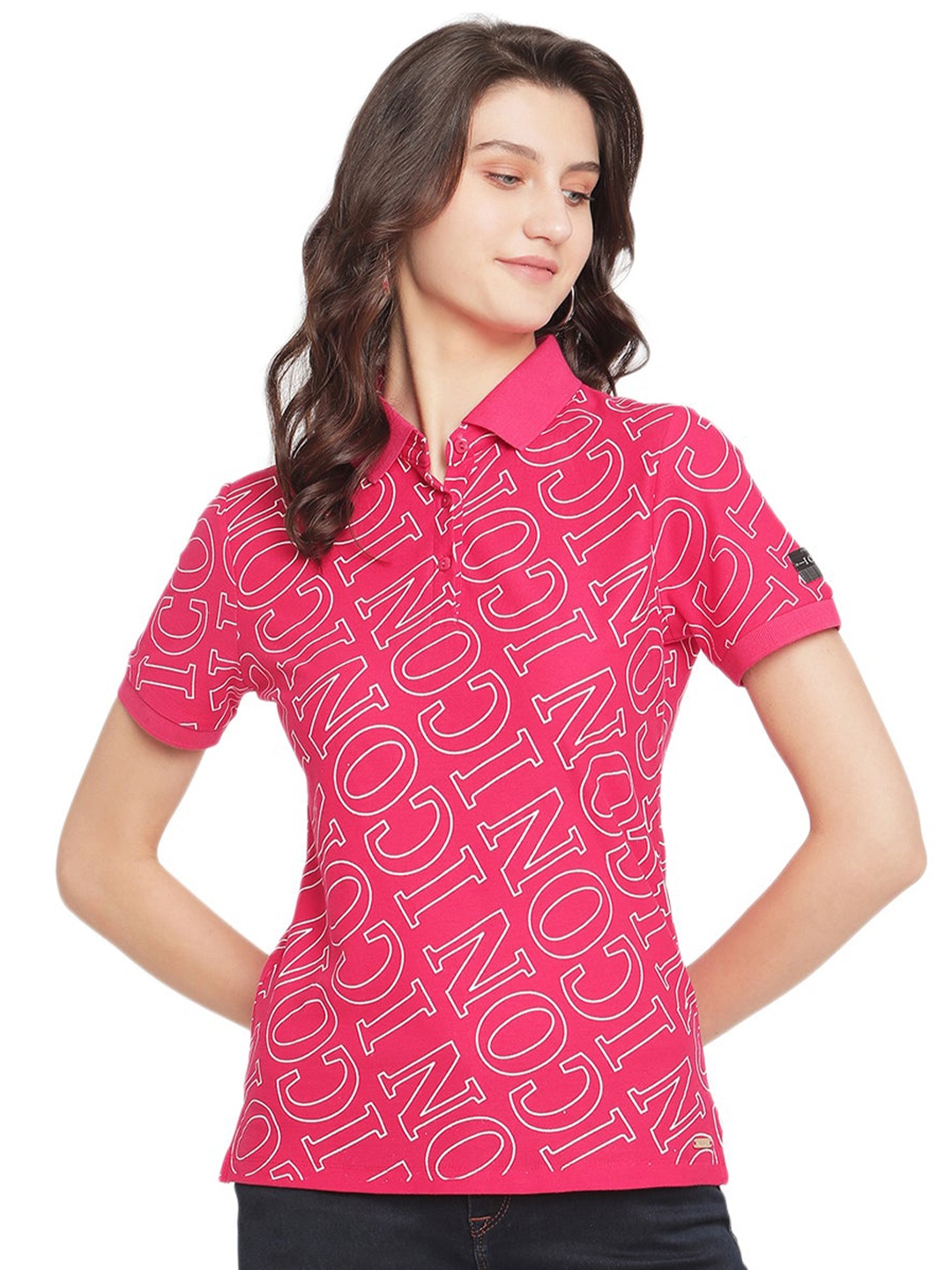 

Madame Women Pink & White Typography Printed Polo Collar T-shirt