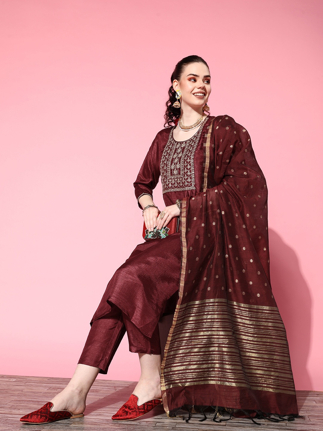

Ishin Maroon Floral Thread Work Kurta with Trousers & With Dupatta