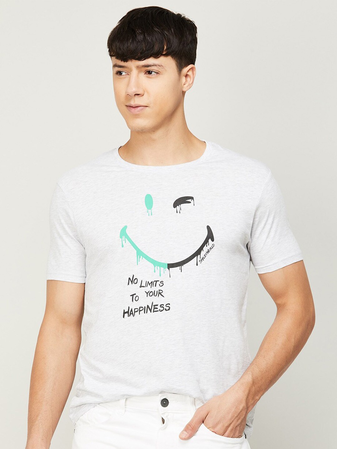 

SmileyWorld Men Grey Cotton Printed T-shirt