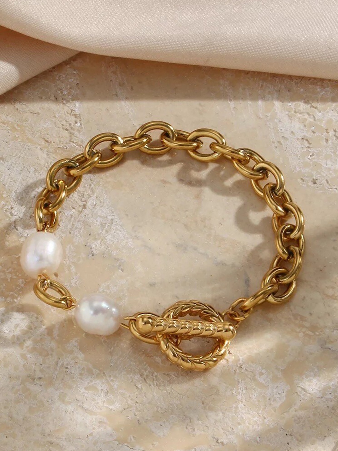 

Inaya Women Gold-Toned & White Pearls18KT Gold-Plated Link Bracelet
