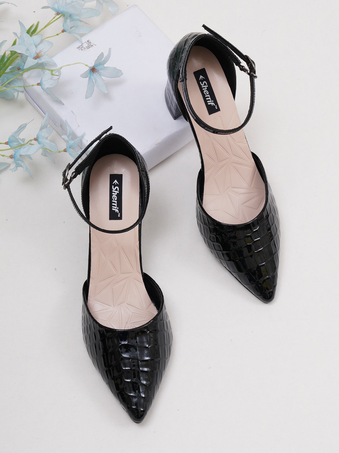 

Sherrif Shoes Black Textured Block Pump Heels