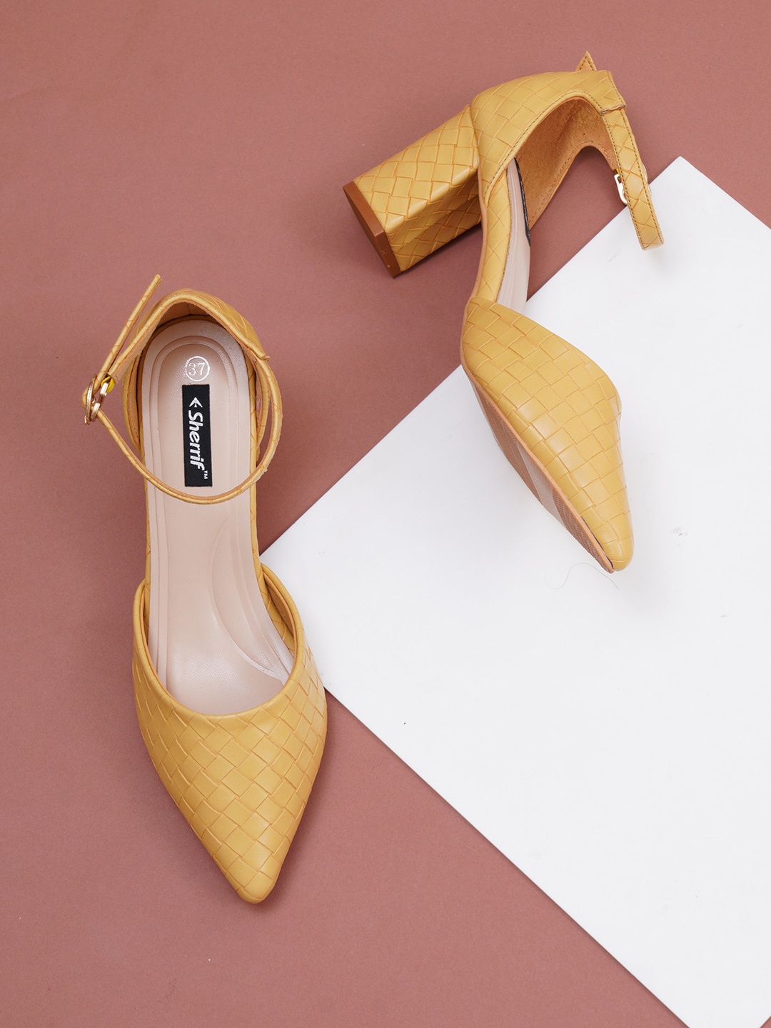 

Sherrif Shoes Yellow Textured Block Pump Heels