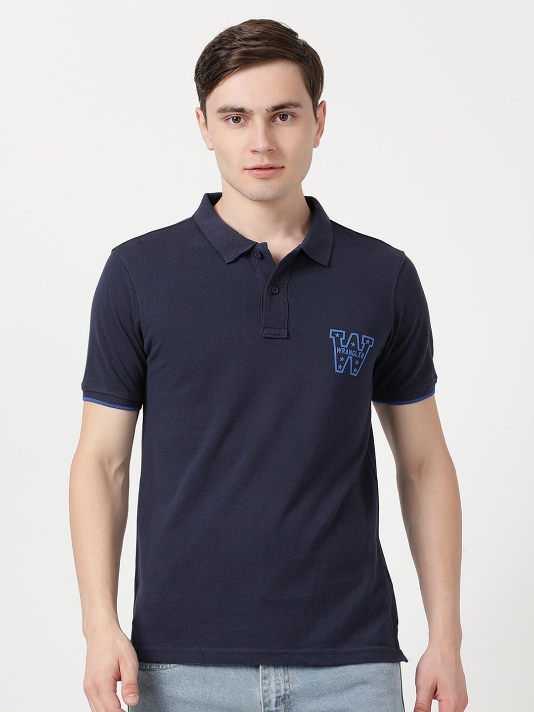 

Wrangler Men Blue Cotton Typography Printed Polo Collar T-shirt