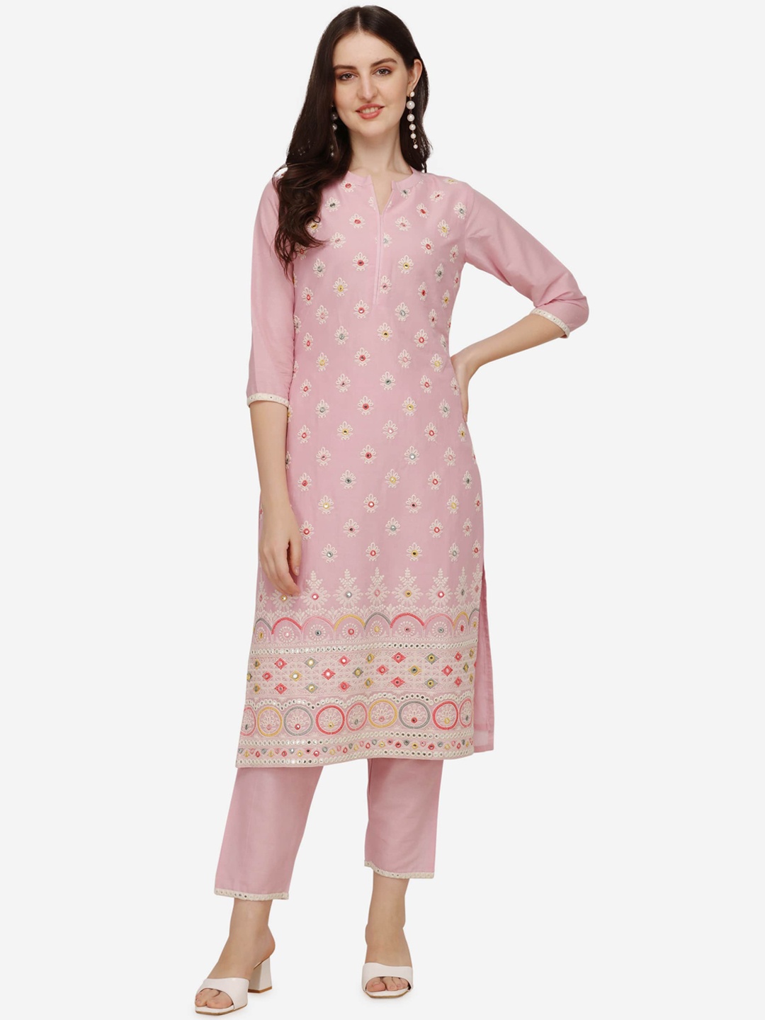 

Berrylicious Women Lavender Ethnic Motifs Embroidered Mirror Work Pure Cotton Kurta with Trousers & With