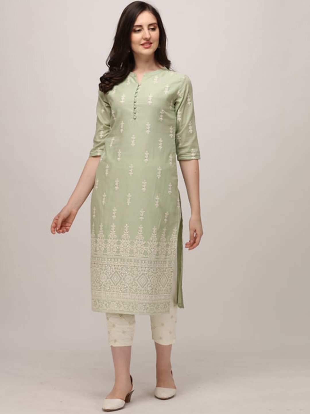 

Berrylicious Women Green Ethnic Motifs Embroidered Chikankari Pure Cotton Kurta with Trousers