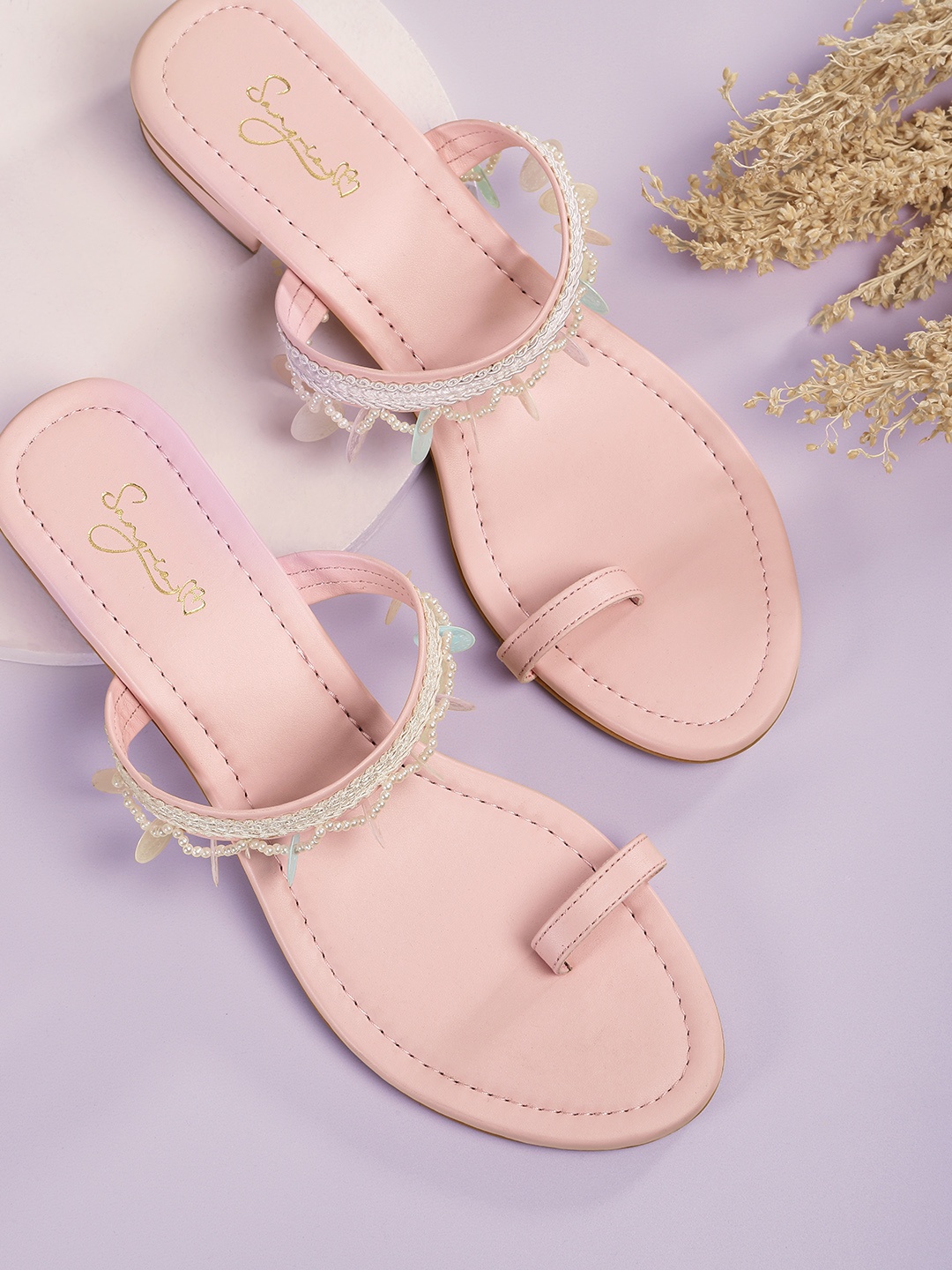 

Sangria Women Embellished Lace Insert Detail Ethnic Block Heels, Pink