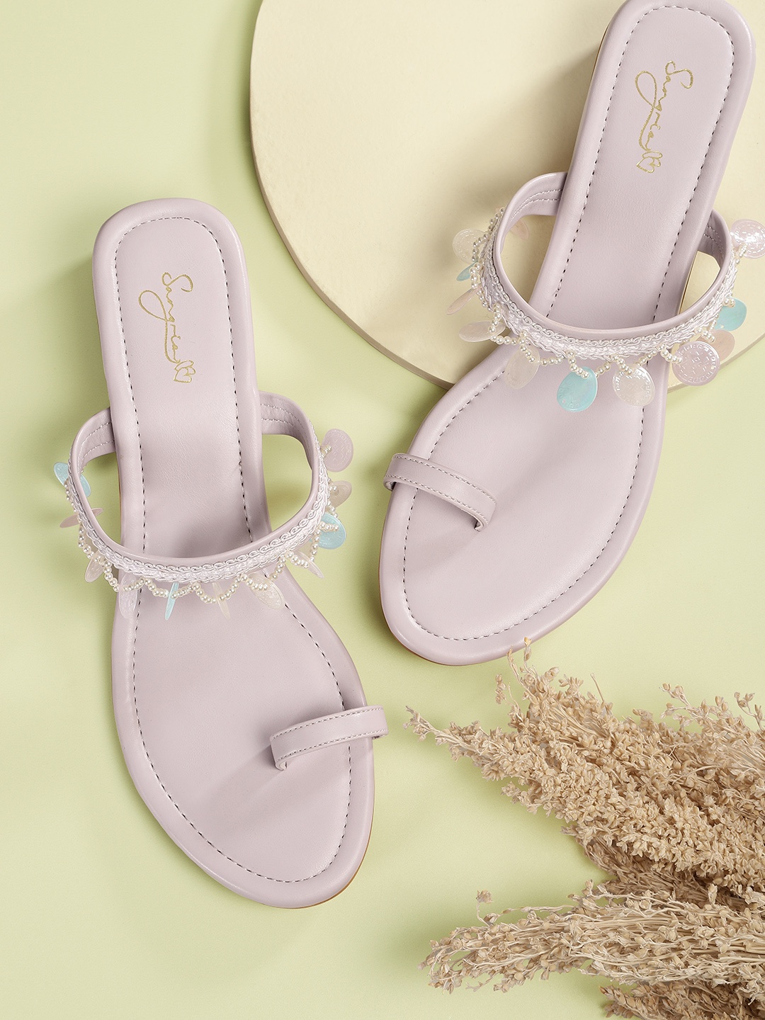 

Sangria Women Embellished Lace Insert Detail Ethnic Block Heels, Lavender