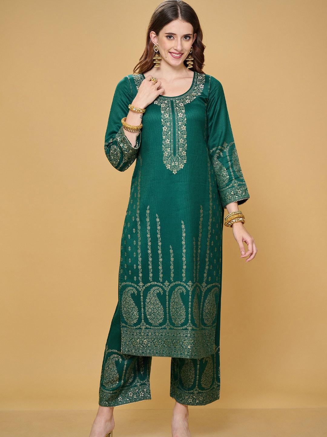 

Safaa Green & Gold-Toned Floral Woven Design Unstitched Dress Material