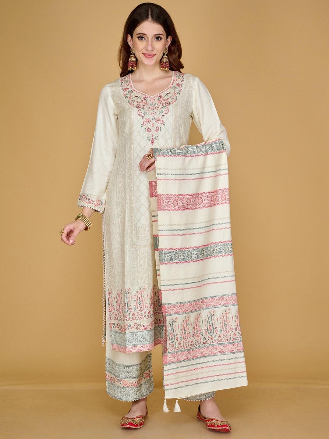 

Safaa Cream-Coloured & Black Viscose Rayon Unstitched Dress Material