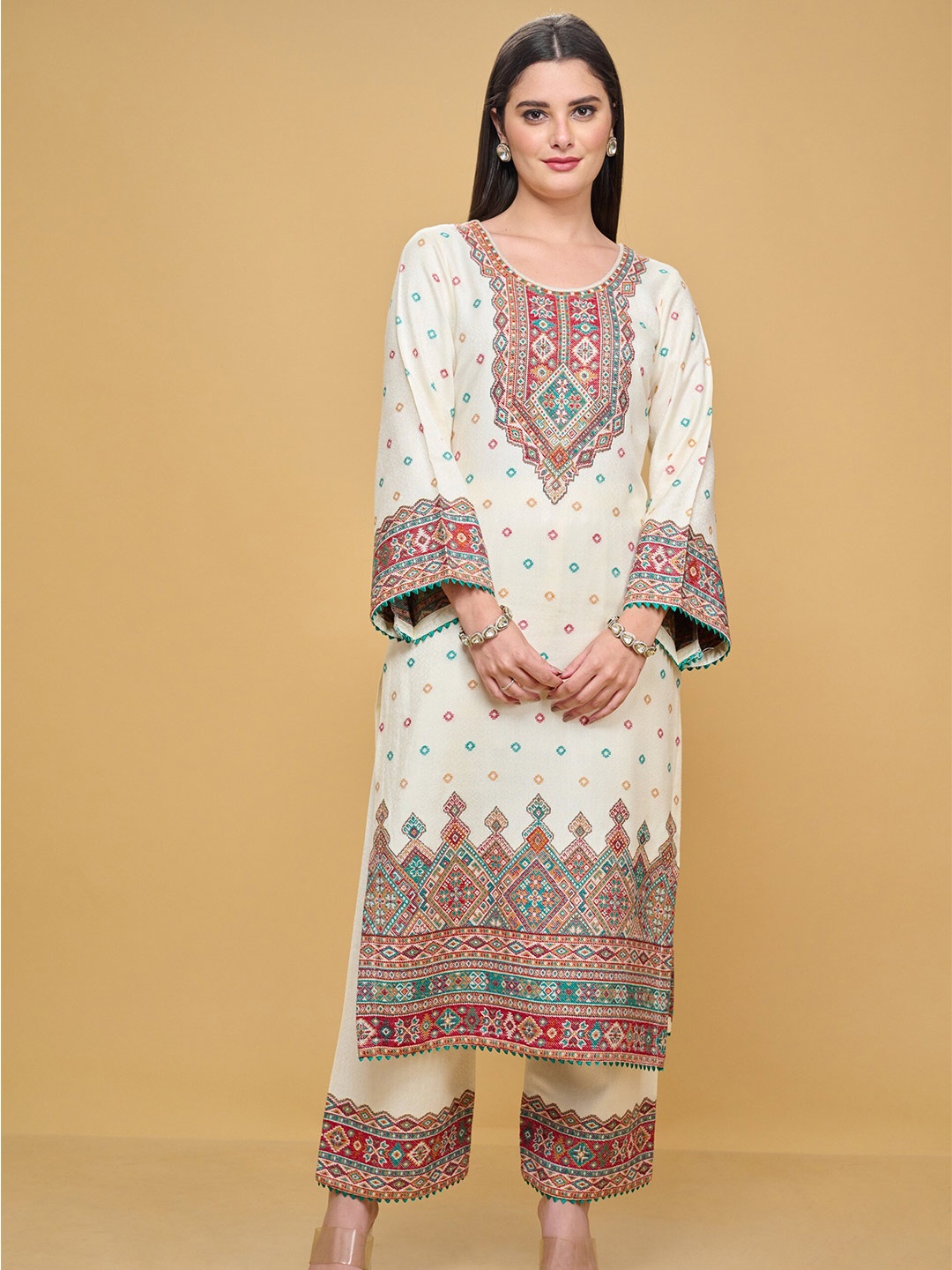 

Safaa Cream-Coloured & Blue Viscose Rayon Unstitched Dress Material