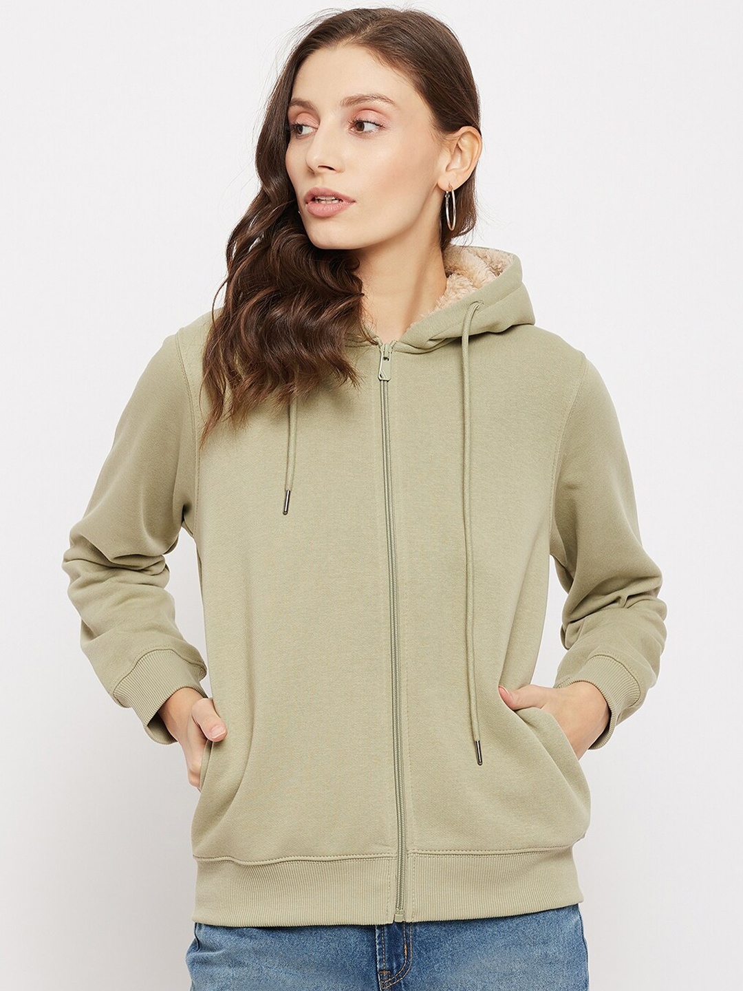 

Madame Women Plus Size Green Cotton Hooded Sweatshirt
