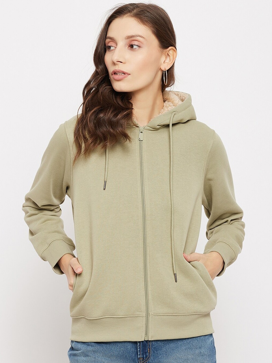 

Madame Women Green Cotton Hooded Sweatshirt