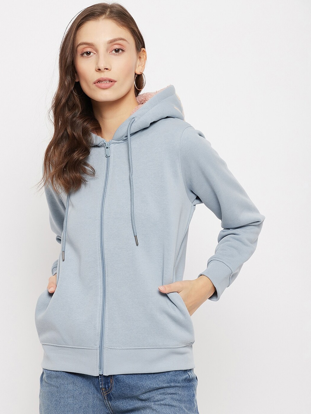 

Madame Women Blue Cotton Hooded Sweatshirt