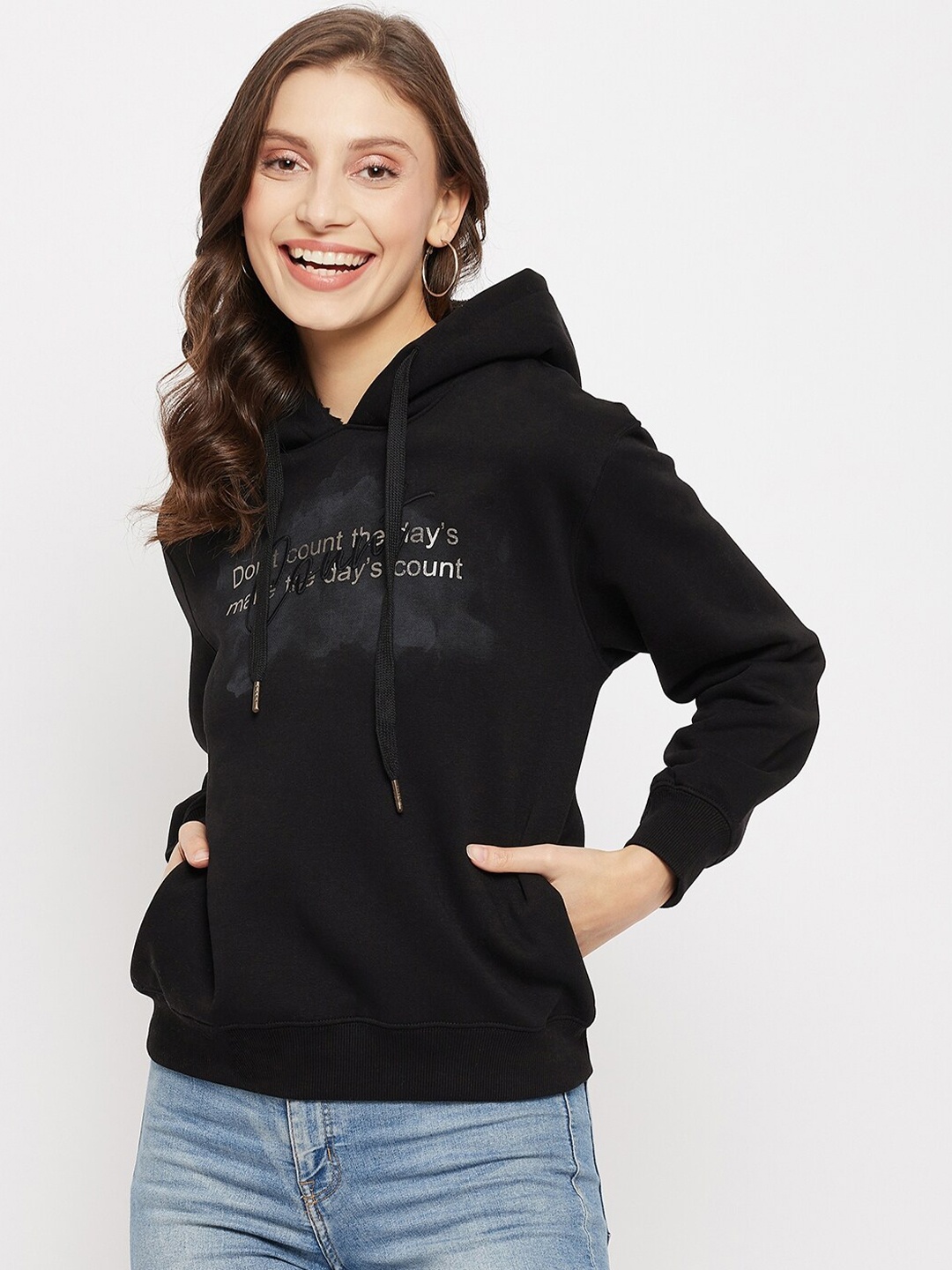 

Madame Women Black Printed Cotton Hooded Sweatshirt