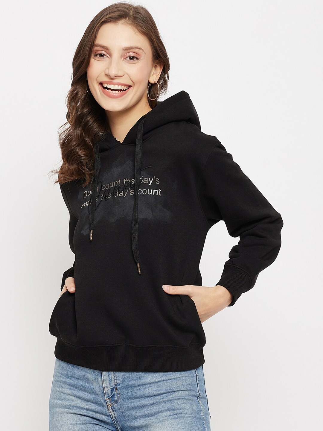 

Madame Women Plus Size Black Printed Cotton Hooded Sweatshirt
