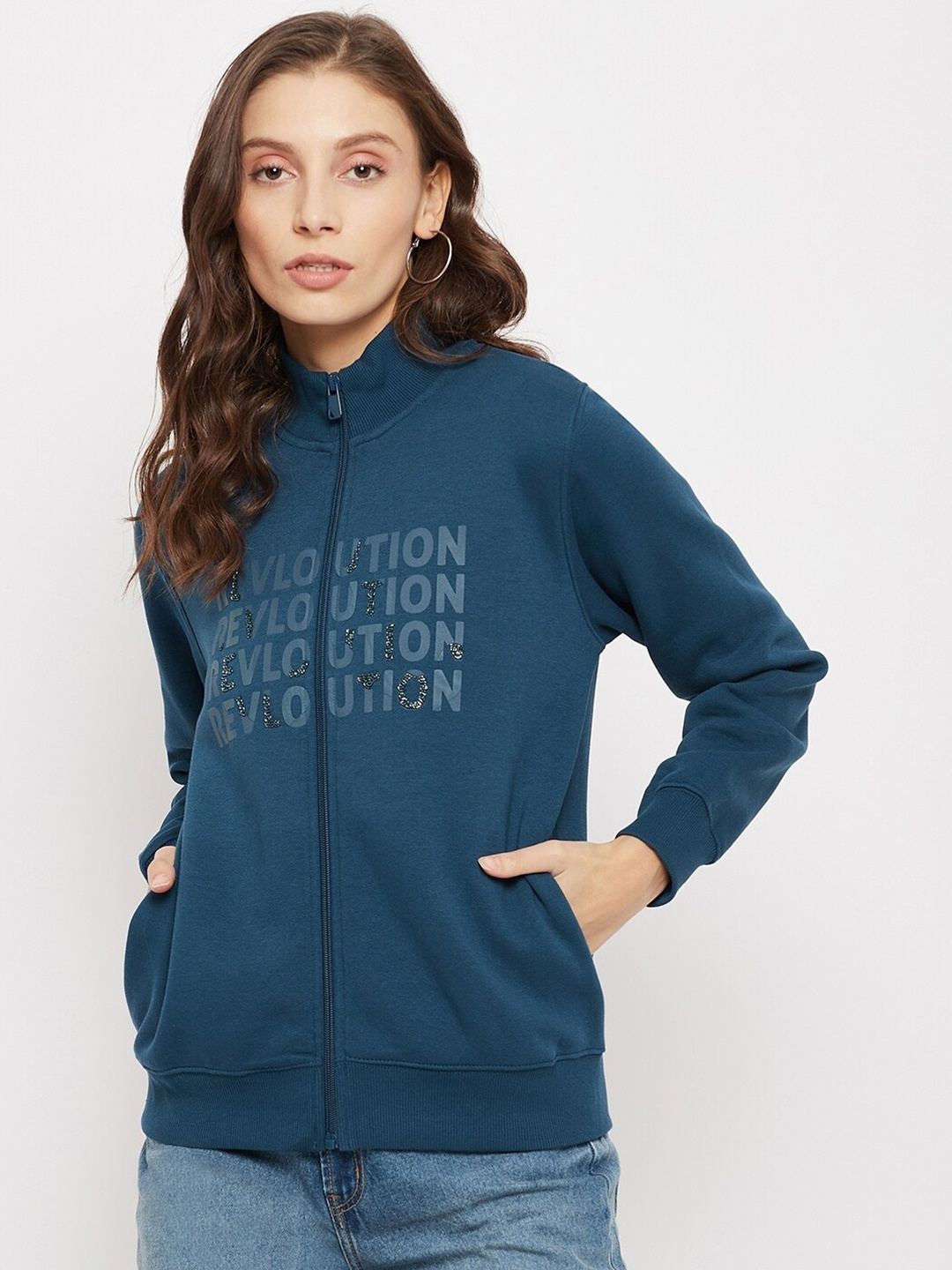 

Madame Women Teal Blue Printed Cotton Sweatshirt