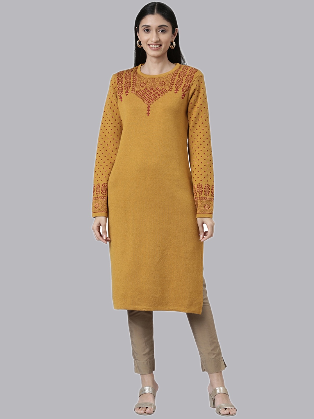 

Neerus Yoke Design Straight Knee Length Acrylic Kurta, Mustard