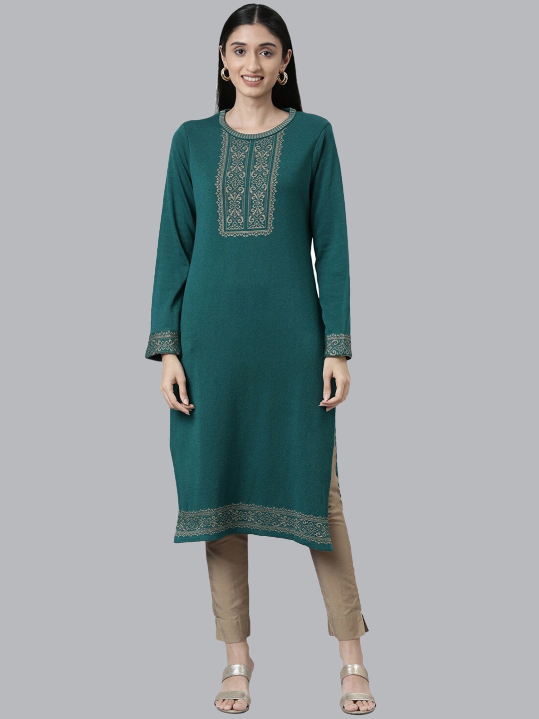 

Neerus Yoke Design Straight Fit Calf Length Acrylic Kurta, Green