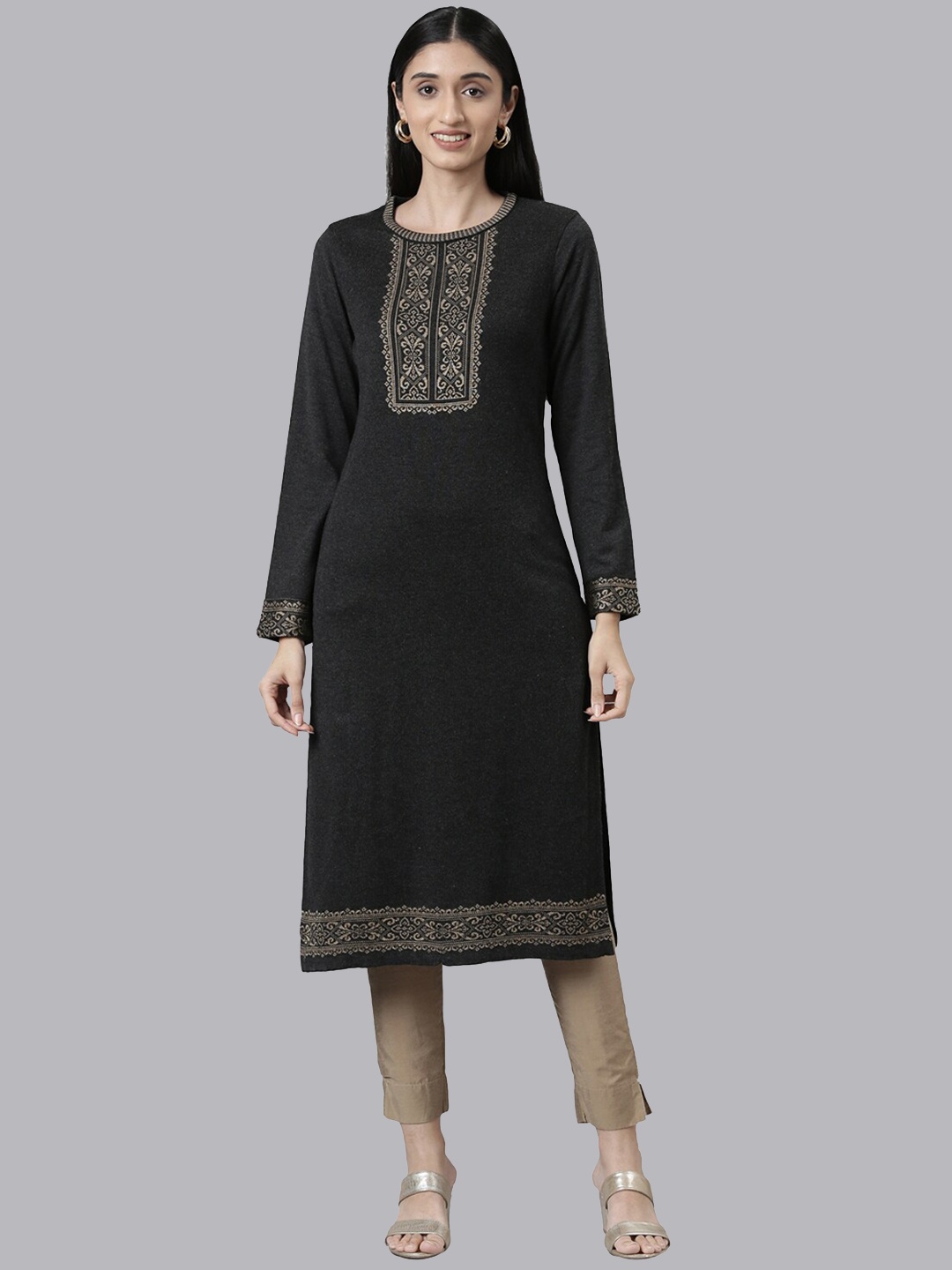 

Neerus Charcoal Yoke Design Straight Fit Regular Acrylic Kurta