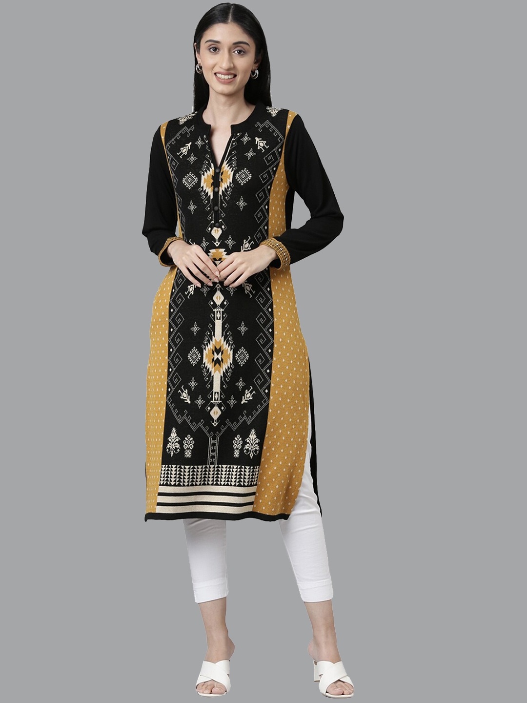 

Neerus Tribal Woven Design Acrylic Kurta, Black