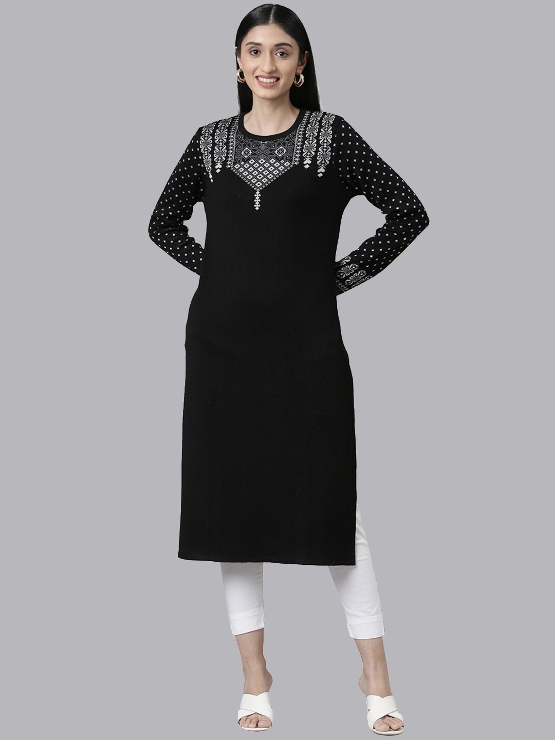 

Neerus Yoke Design Straight Fit Calf Length Acrylic Kurta, Black