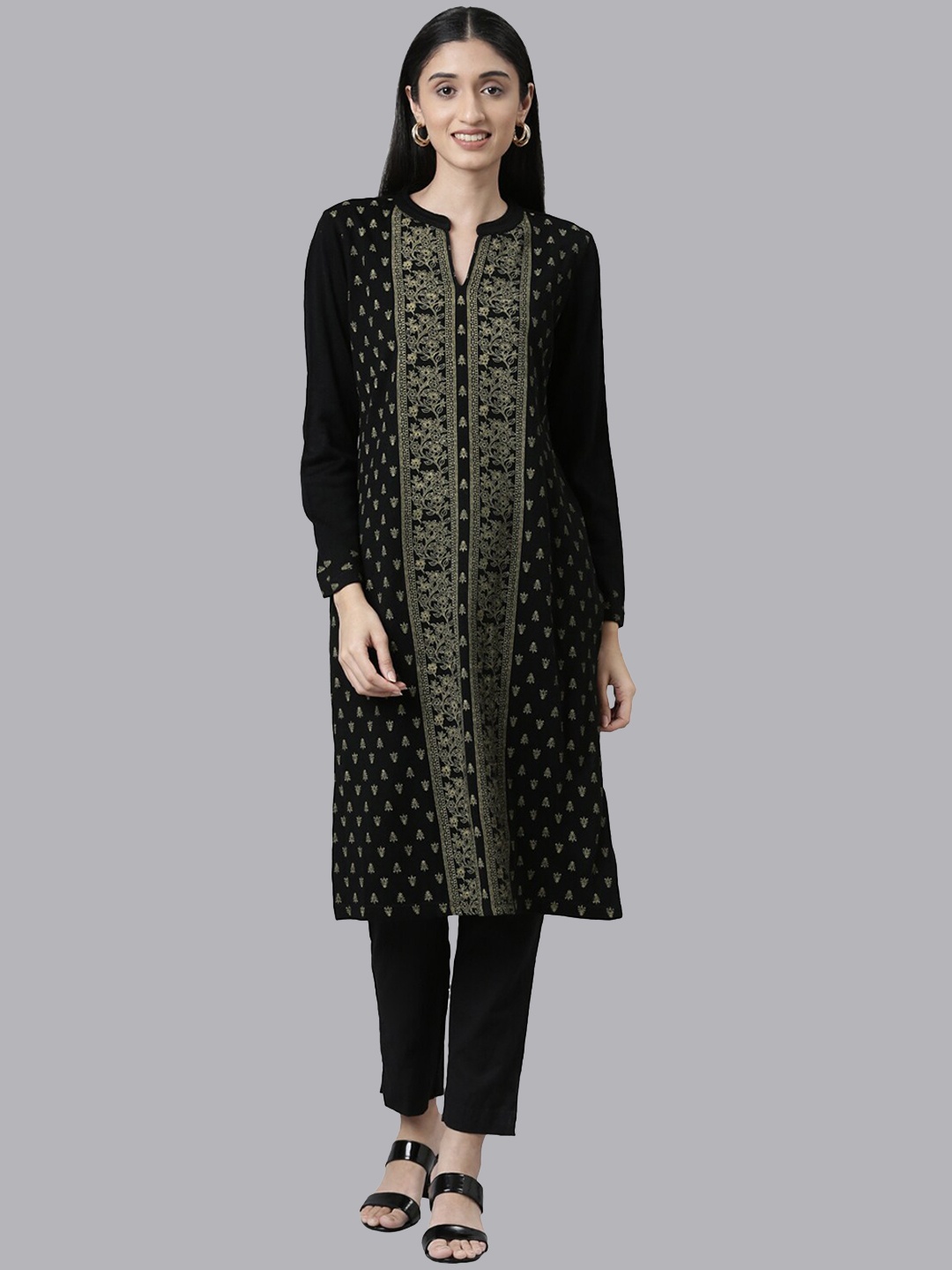 

Neerus Band Collar Ethnic Motifs Printed Straight Fit Acrylic Regular Kurta, Black