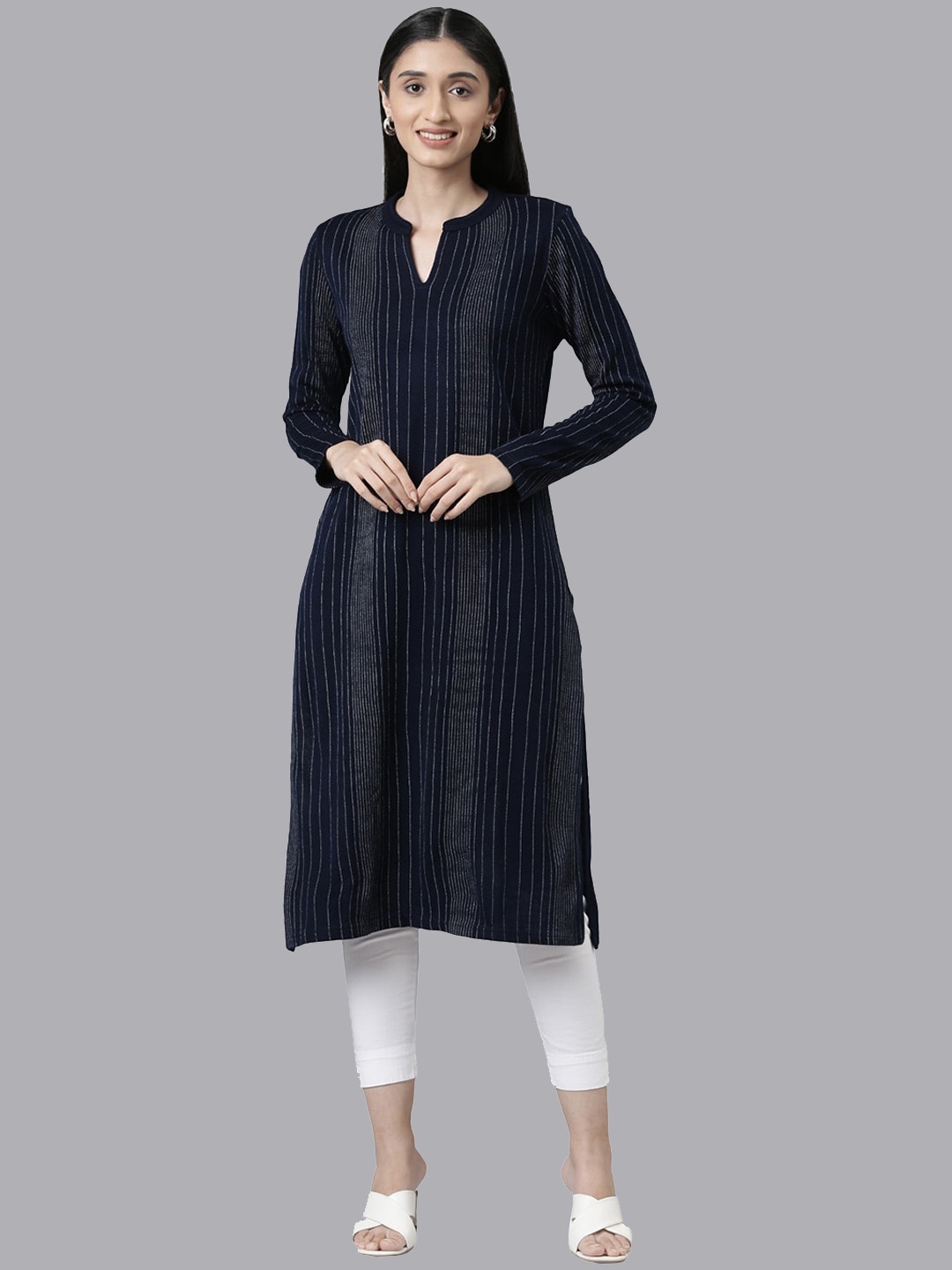 

Neerus Women Navy Blue Embellished Striped Acrylic Kurta