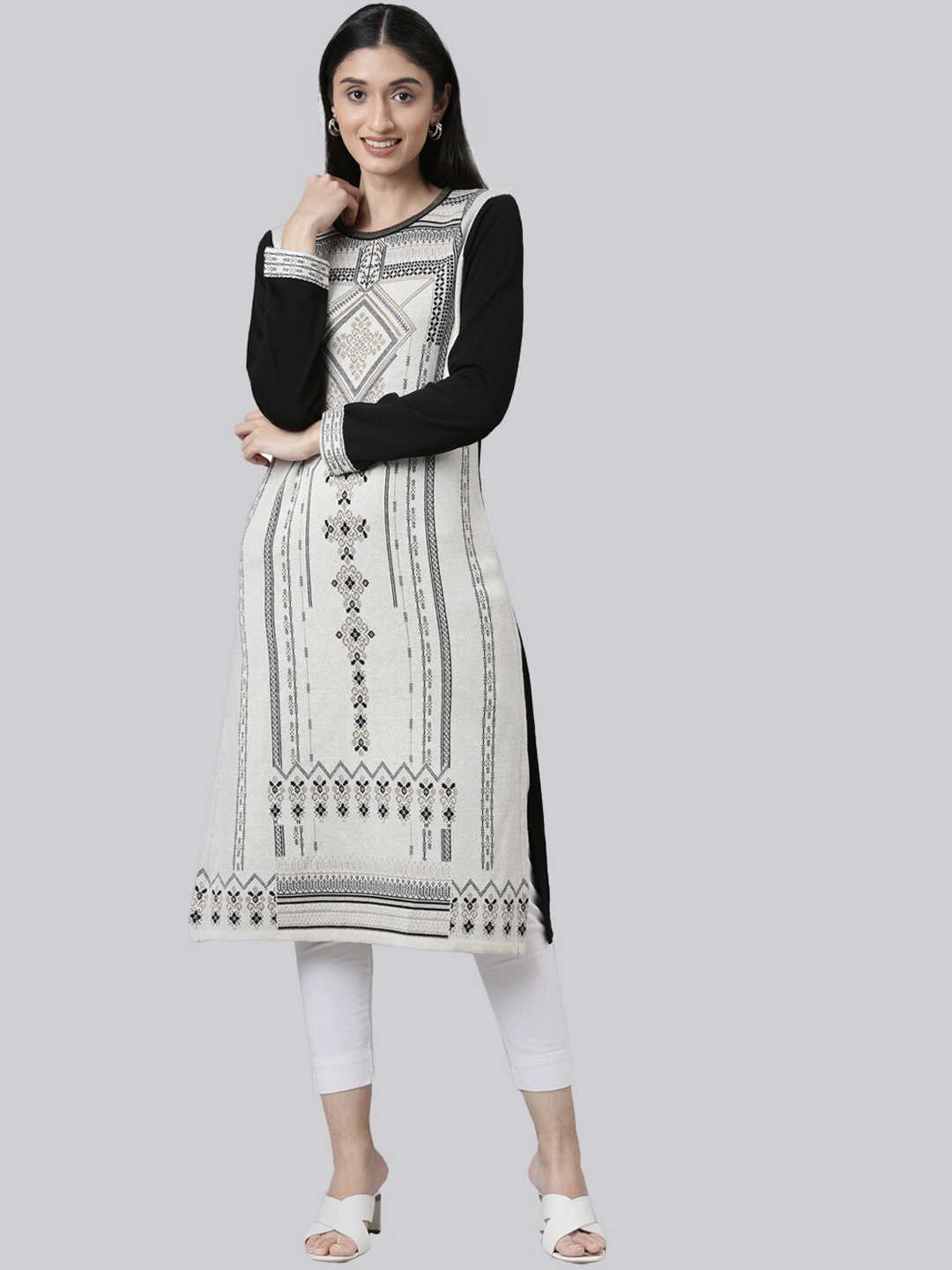 

Neerus Women Off White Geometric Woven Design Kurta